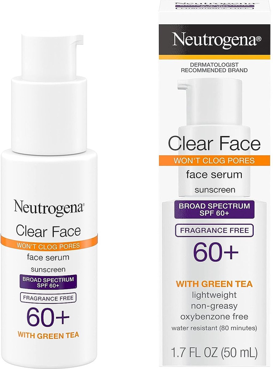 Goedkoopste Neutrogena Clear Face Serum zonnebrandcrème met groene thee, breed spectrum SPF 60 , gezichtszonnebrandcrème geurvrij, 50ml