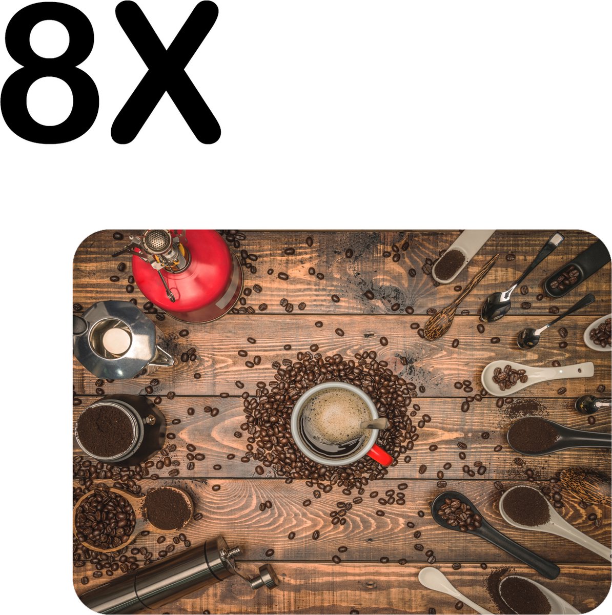 BWK Stevige Placemat - Koffie molens en Schepjes - Set van 8 Placemats - 40x30 cm - 1 mm dik Polystyreen - Afneembaar