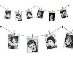 Fototouw met klemmen voor creatieve en mooie decoratie, 150 cm fotolijn van natuurlijk hennep en 12 rustieke houten knijpers zorgen voor het juiste licht.