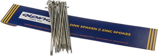 Une boîte avec le texte 'alpina SINCE 1926 ZINK SPAKEN ZINC SPOKES' avec un bouquet de rayons argentés dessus.
