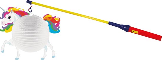 Lampionstokje van 50 cm met een witte eenhoornlampion in de vorm van een ronde papieren lantaarn.