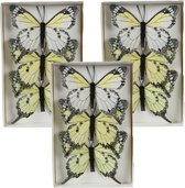 Decoris decoratie vlinders op clip - 9x - lichtgeel - 12 x 8 cm - hobbydecoratieobject