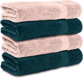 Komfortec Handdoekenset 4x Badhanddoek 70x140 cm - 100% Katoen - Petroleumblauw&Roze