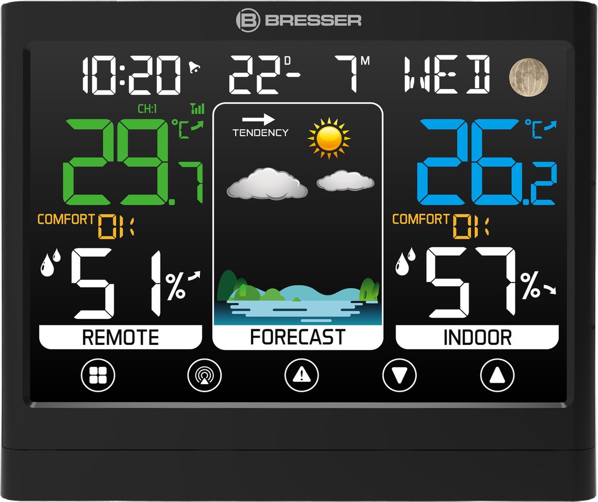 Station météo sans fil Horloge météo numérique colorée avec capteur  extérieur Thermomètre intérieur extérieur avec date Température Humidité  Baromètre Alarme Phase de lune Horloge météo BF