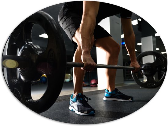 Dibond Ovaal - Mens - Spieren - Schoenen - Oefening - Sporten - Fitness - Sportschool - Gewichten - 68x51 cm Foto op Ovaal (Met Ophangsysteem)