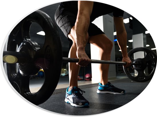 PVC Schuimplaat Ovaal - Mens - Spieren - Schoenen - Oefening - Sporten - Fitness - Sportschool - Gewichten - 28x21 cm Foto op Ovaal (Met Ophangsysteem)