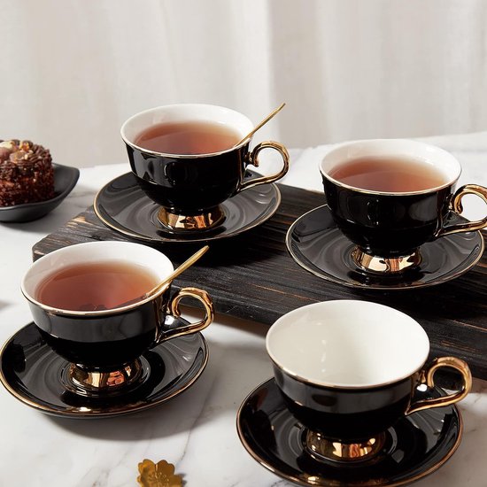 Lot de 4 tasses à thé et soucoupes (220 ml), service à thé de luxe