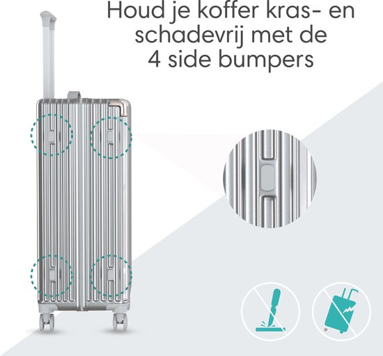 Zilverkleurige koffer met 4 side bumpers om krassen en schade te voorkomen.