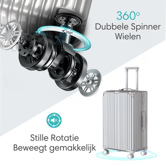 Zilverkleurige koffer met 360° dubbele spinner wielen voor stille rotatie.