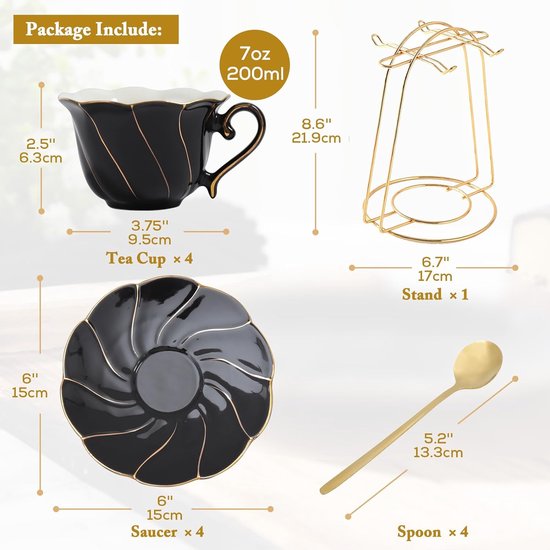 Lot de 4 tasses à thé et soucoupes (220 ml), service à thé de luxe