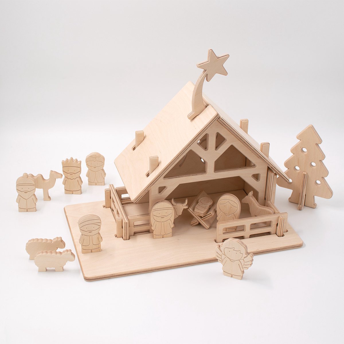 Houten Kerststal voor Kinderen – 12 Figuren – Speelset & Kerstdecoratie – Gemakkelijk te Monteren – Gemaakt in Nederland