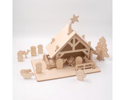 Houten Kerststal voor Kinderen – 12 Figuren – Speelset & Kerstdecoratie – Gemakkelijk te Monteren – Gemaakt in Nederland