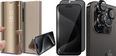 Hoesje geschikt voor iPhone 15 Pro - Privacy Screenprotector FullGuard & Camera Lens Screen Protector Zwart - Book Case Spiegel Goud