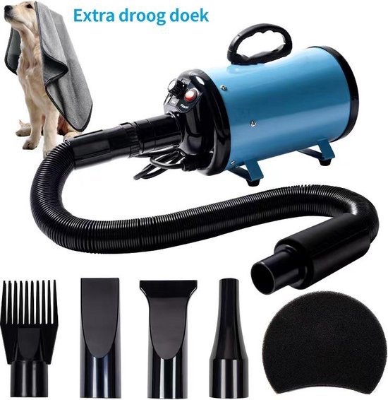 Professionele Hondenföhn met 4 Opzetstukken – Waterblazer voor Honden – Stil Design – krachtig + Extra Filter & Droogdoek - Blauw