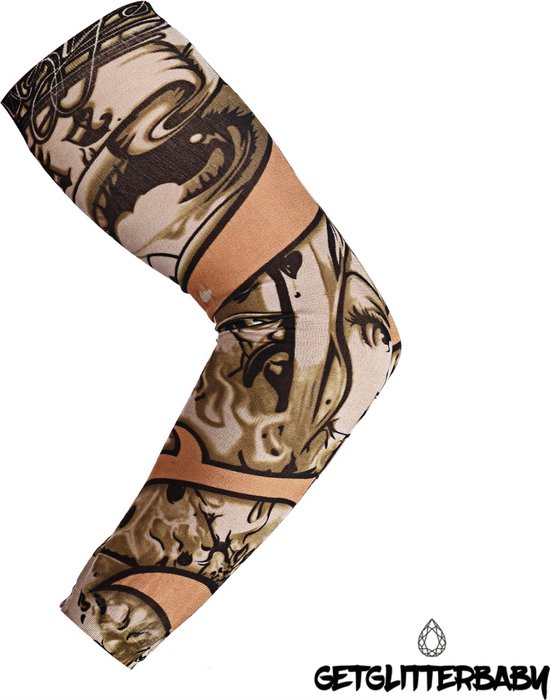 Armmouw met tattoo-print van draken, doodshoofden en ornamenten in bruin en beige tinten. GetGlitterBaby logo onderaan.