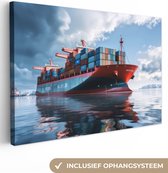 Canvas Schilderij Boot - Vrachtschip - Containers - Zee - Haven - 60x40 cm - Wanddecoratie