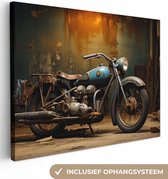 Canvas Schilderij Vintage - Motor - Blauw - Oud - Garage - 120x90 cm - Wanddecoratie