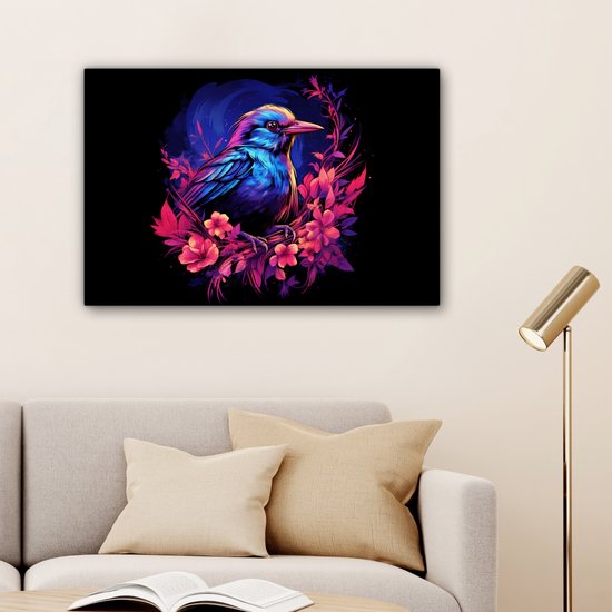 Peinture sur toile Rétro - Vogel - Fleurs - Zwart - Rose - Blauw - Animaux - 90x60 cm - Décoration murale