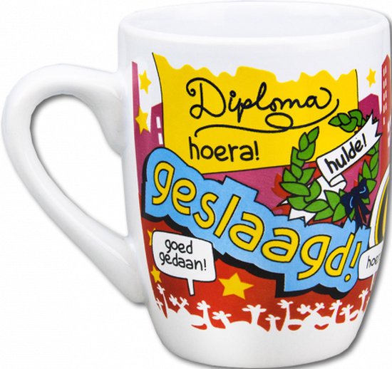 Geslaagd - Mok - Snoep - Geslaagd! - Super - Cartoon - In cadeauverpakking met gekleurd lint
