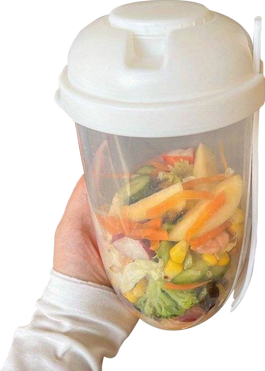 Team Bicep Salade Beker - Reisbeker met Vork - Gezonde Salade Container - Lunchbox voor Onderweg - Ontbijt To Go - Wit