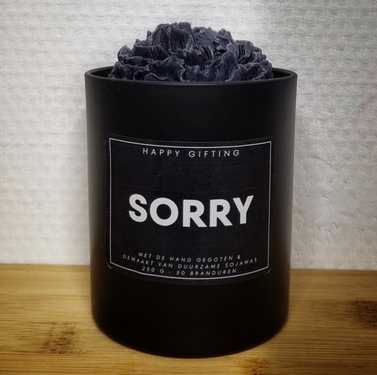 Sorry - Soja was geurkaars - Zwarte roos - Kaarsglas mat zwart - Kaneel geur - 250 gram - 50 branduren - Geurkaars - Kaars - Kaars met tekst - Soja was – Soy wax – Handgemaakt – Cadeau – Cinnamon - Geschenk – Duurzaam