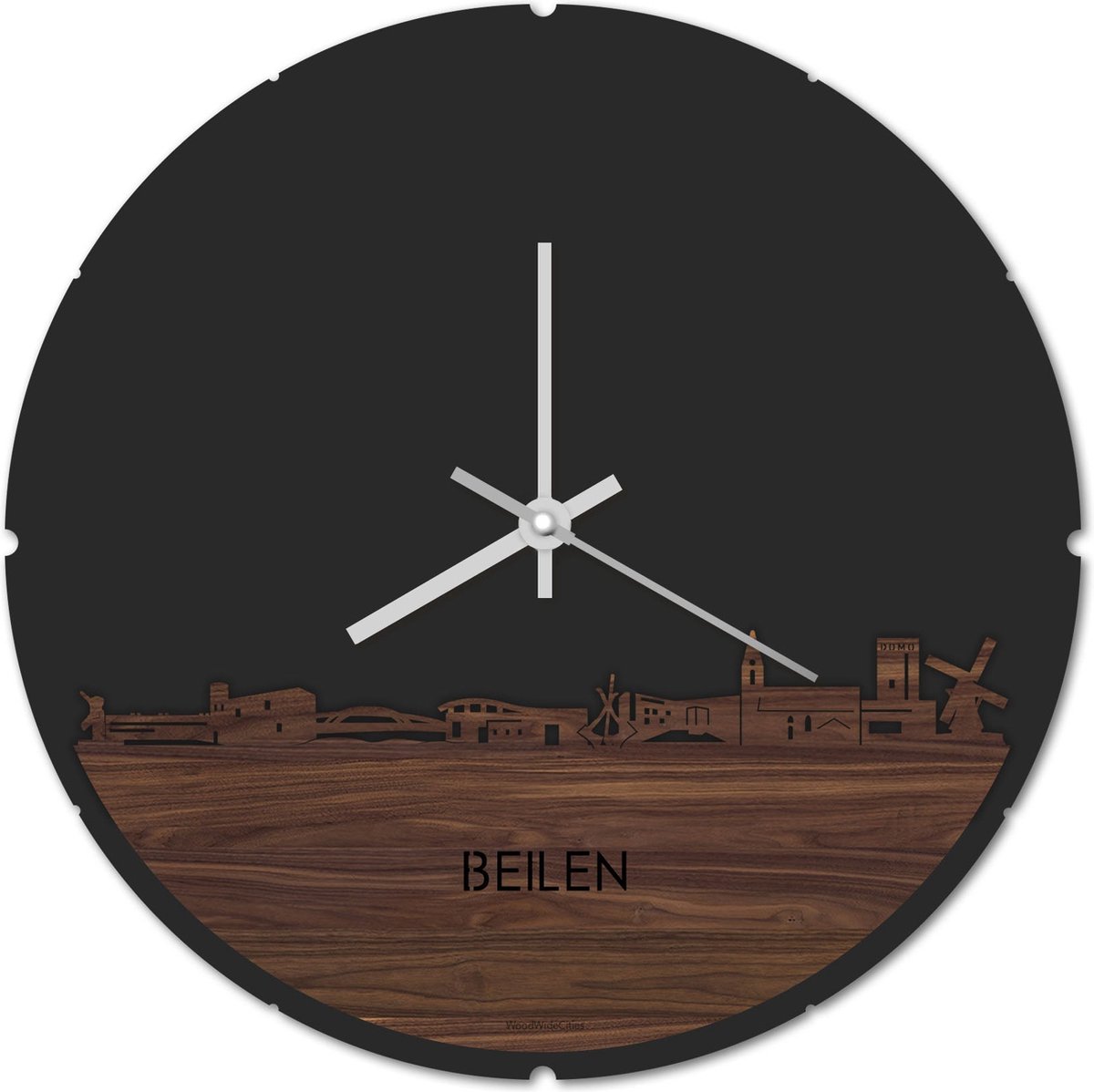 Skyline Klok Rond Beilen Notenhout - Ø 44 cm - Stil uurwerk - Wanddecoratie - Meer steden beschikbaar - Woonkamer idee - Woondecoratie - City Art - Steden kunst - Cadeau voor hem - Cadeau voor haar - Jubileum - Trouwerij - Housewarming -
