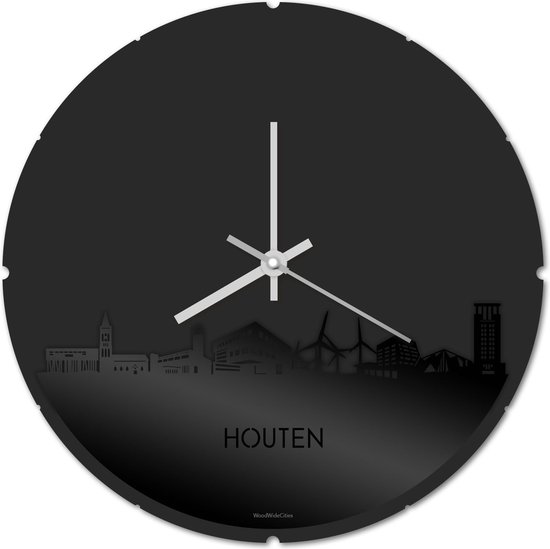 Skyline Klok Rond Houten Zwart Glanzend - Ø 44 cm - Stil uurwerk - Wanddecoratie - Meer steden beschikbaar - Woonkamer idee - Woondecoratie - City Art - Steden kunst - Cadeau voor hem - Cadeau voor haar - Jubileum - Trouwerij - Housewarming -
