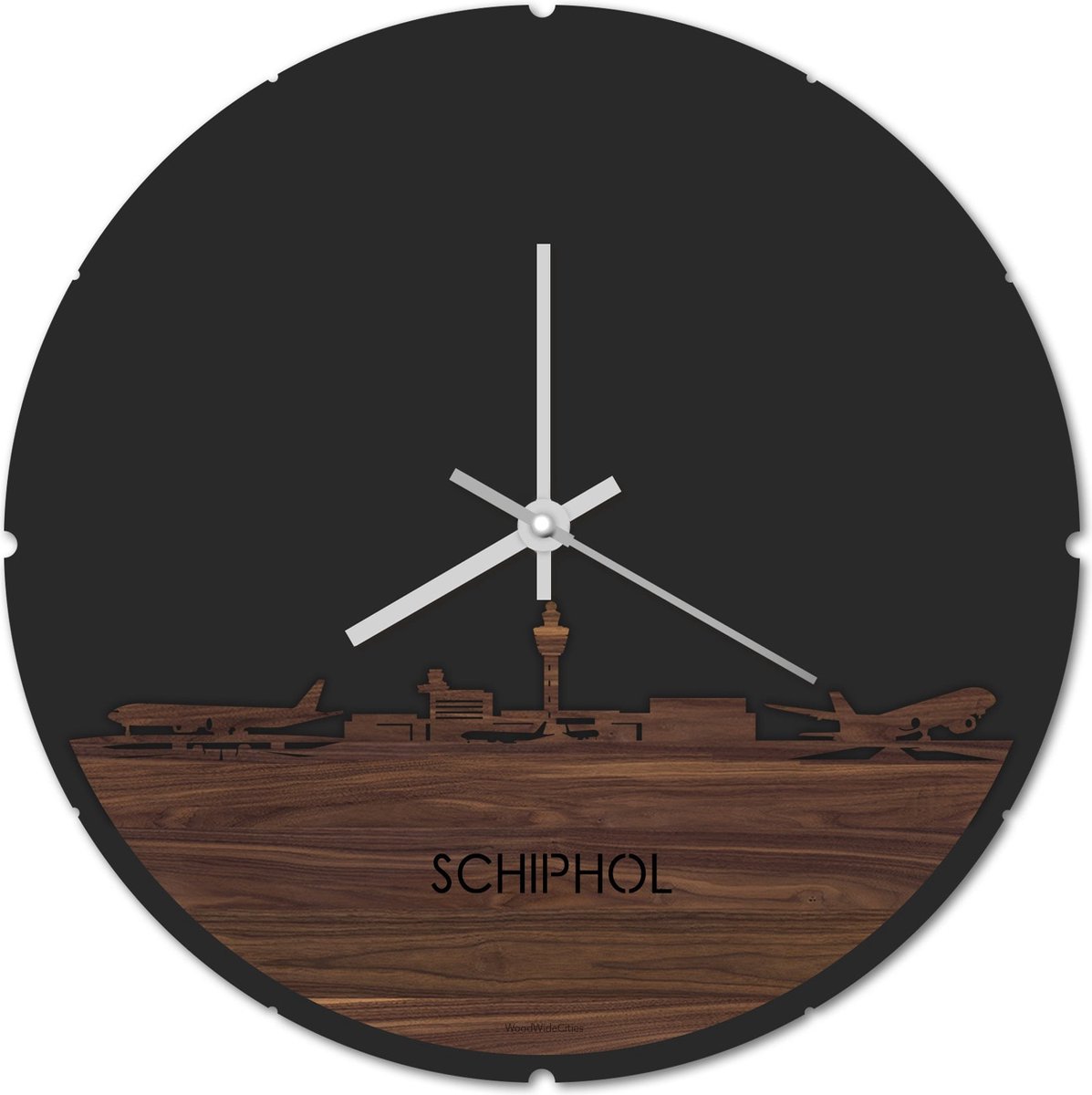 Skyline Klok Rond Schiphol Notenhout - Ø 44 cm - Stil uurwerk - Wanddecoratie - Meer steden beschikbaar - Woonkamer idee - Woondecoratie - City Art - Steden kunst - Cadeau voor hem - Cadeau voor haar - Jubileum - Trouwerij - Housewarming -