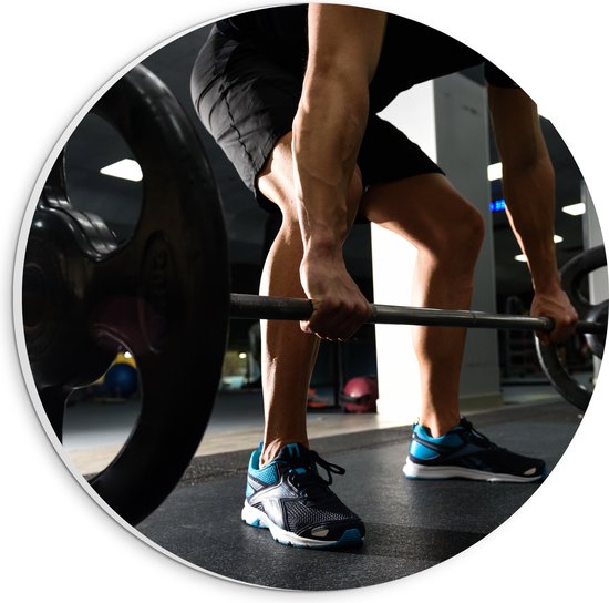 PVC Schuimplaat Muurcirkel - Mens - Spieren - Schoenen - Oefening - Sporten - Fitness - Sportschool - Gewichten - 20x20 cm Foto op Muurcirkel (met ophangsysteem)