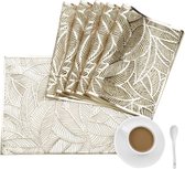 Placemat, goud, set van 6, afwasbaar, anti-verbranding en anti-slip placemats, afwasbaar, restaurantborden, mat, 45 x 30 cm, jacquard bladeren, patroon voor eettafel, keuken