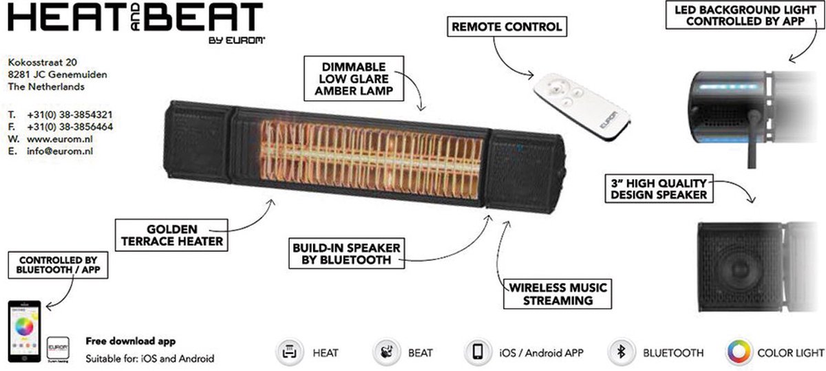 Eurom Heat and Beat - Patio heater with speaker - Grey