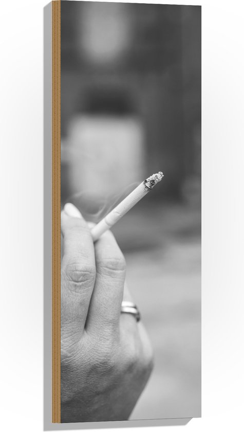 Hout - Sigaret - Roken- Hand - Ring - Rook - Zwart - Wit - 30x90 cm - 9 mm dik - Foto op Hout (Met Ophangsysteem)