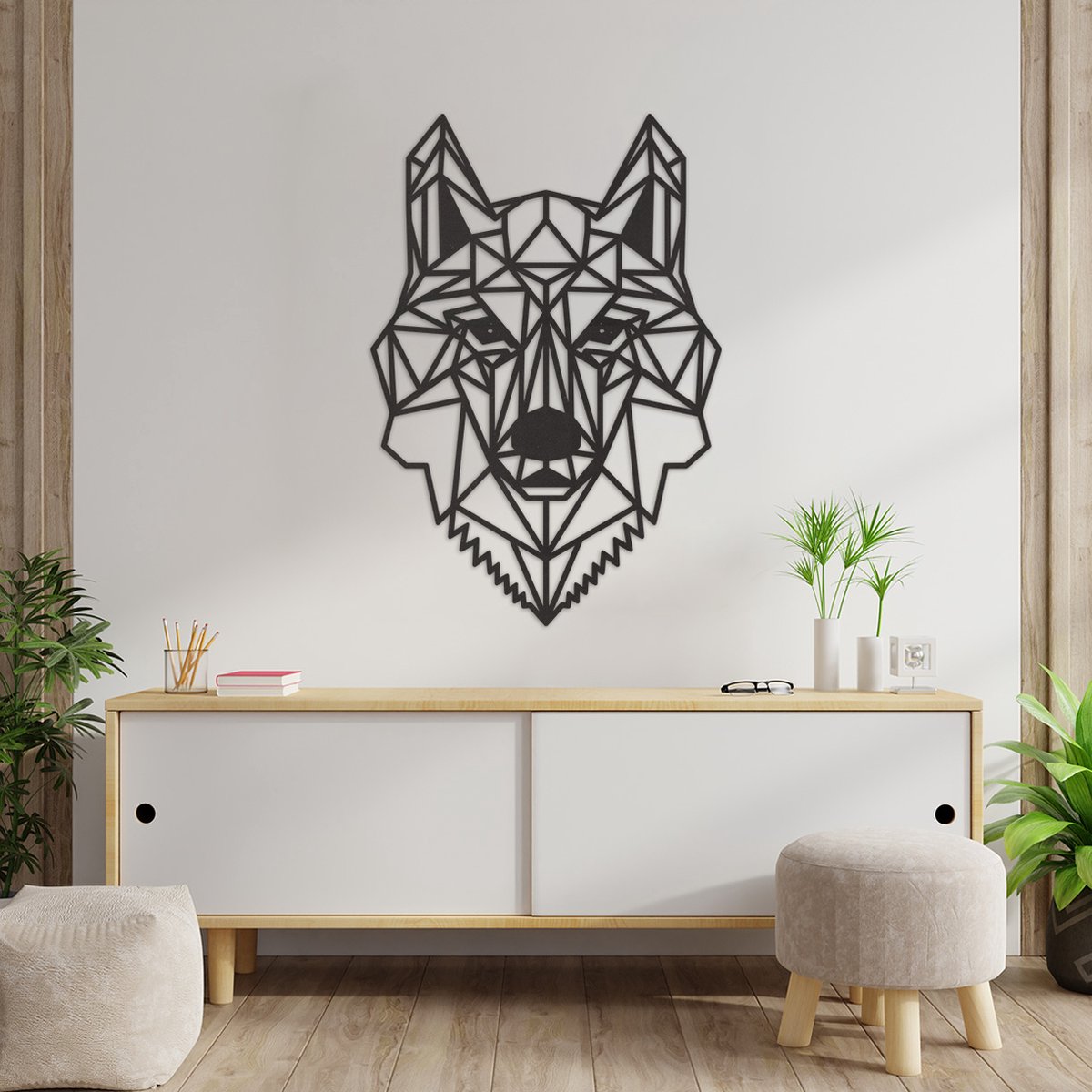 Geometrische Wanddecoratie Wolf - Geometrische Muurdecoratie Wolf - Geometrische Wolf - Muurdecoratie Hout - Wanddecoratie Hout - Muurdecoratie Woonkamer - Wanddecoratie Woonkamer - Wanddecoratie Industrieel - Wanddecoratie Dieren - 86.5 x 59 cm