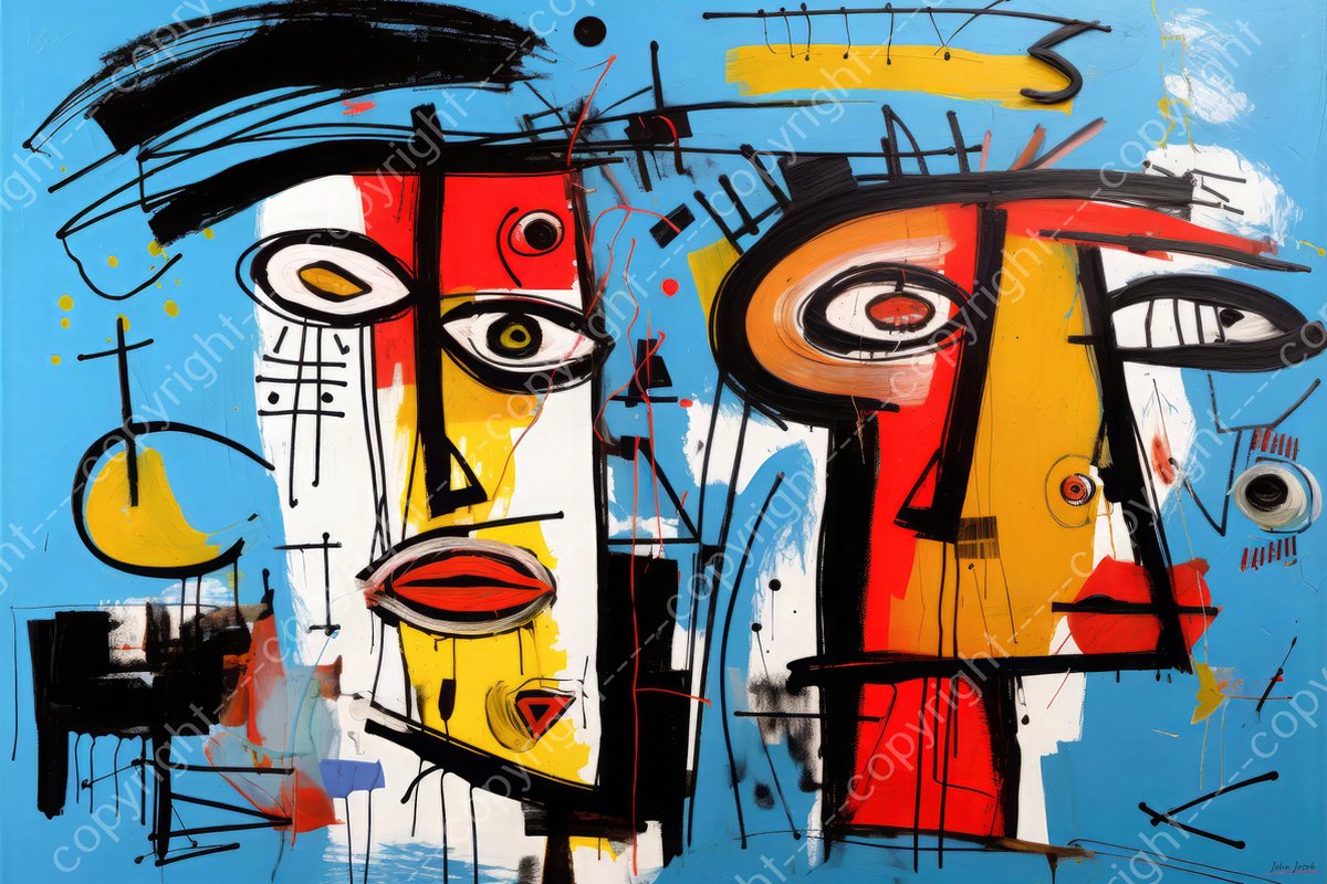 John Joseb Art (Glas) 60x40 | Man vrouw en hond, abstract in Herman Brood stijl, kleurrijk, felle kleuren, kunst, woonkamer slaapkamer | dier, mens, bruin, rood, blauw, modern | Foto-schilderij-glasschilderij-acrylglas-acrylaat-wanddecoratie