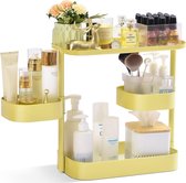 Cosmetica-organizer, 360 graden draaibaar, make-uptafel-organizer, 3 etages, metaal, make-up-organizer, cosmetica-organizer, cosmetica-doos voor dresser, slaapkamer, badkamer, keuken, geel