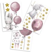 Muursticker sticker waterverf dieren met naam muur tattoo voor kinderkamer babykamer speelkamer muurdecoratie meisje jongen Y037 (Nr. 6 Konijntjes met ballonnen Roze)
