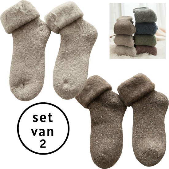 Warme winter sokken dames - set van 2 paar - maat 36-40 - wol - gevoerd - damessokken - huissokken - bruin - off white - cadeautip