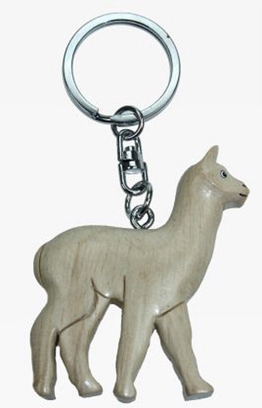 Houten witte lama sleutelhanger van 5,5 cm - Alpaca of Lama dieren cadeau artikelen