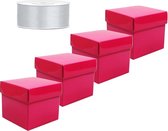 Set van 4 vierkante cadeau doosjes fuchsia roze 10 x 10 cm en 1 rol kadolint / sierlint zilver 25 meter