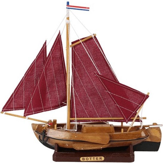 Beeld botter vissersboot - rood zeil - hout/polyester - 25 cm - decoratie model