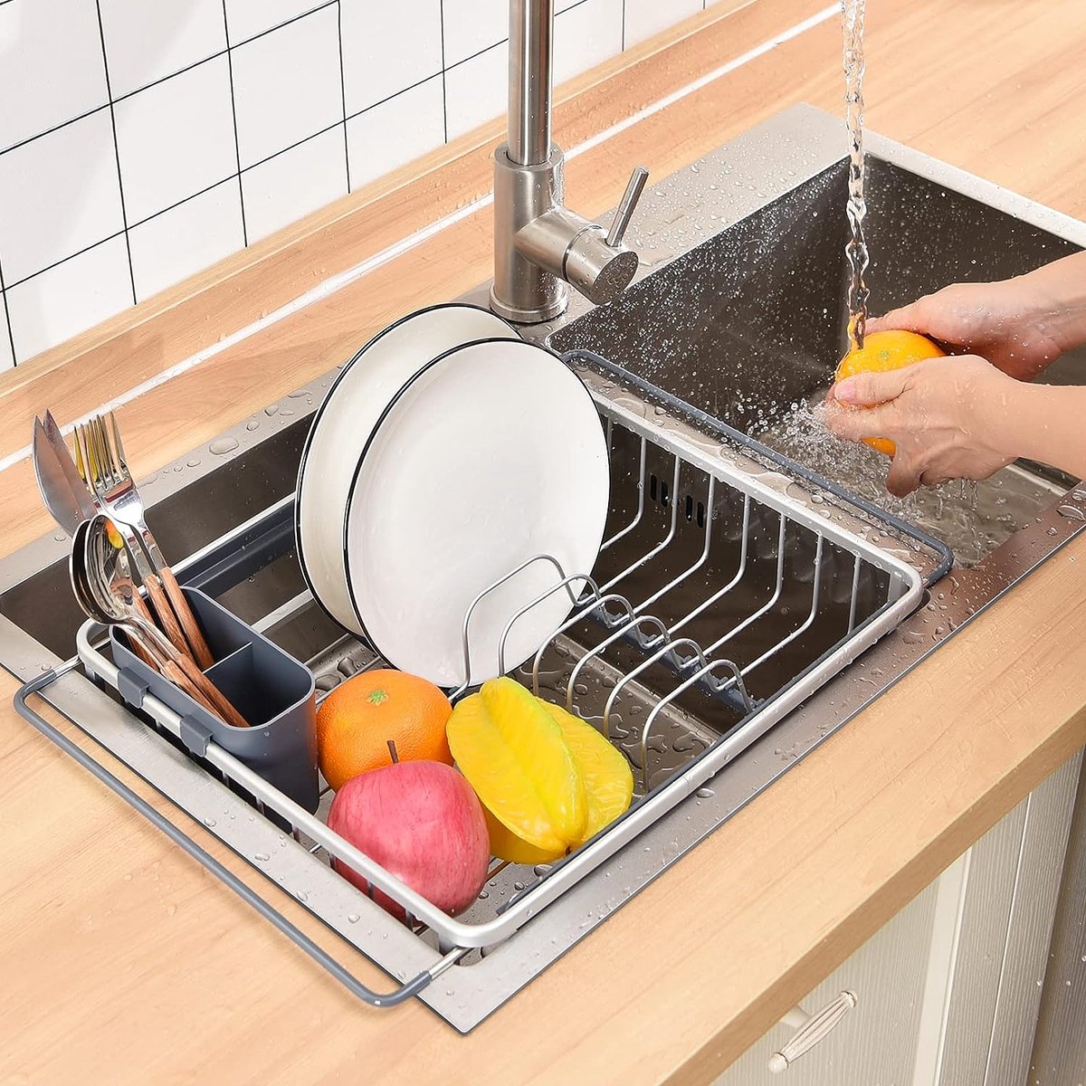 Goedkoopste Afdruiprek, opvouwbaar afdruiprek, aluminium afdruiprek om boven de gootsteen neer te zetten met afneembare bestekhouder, keukenorganizer, afdruiprek voor de keuken