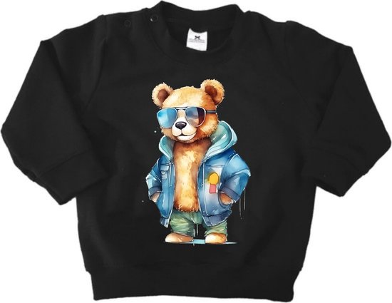 Sweater kind beer - Trui met print - Zwart - Stoere Sweater beer met spijkerjas en zonnebril - Maat 86