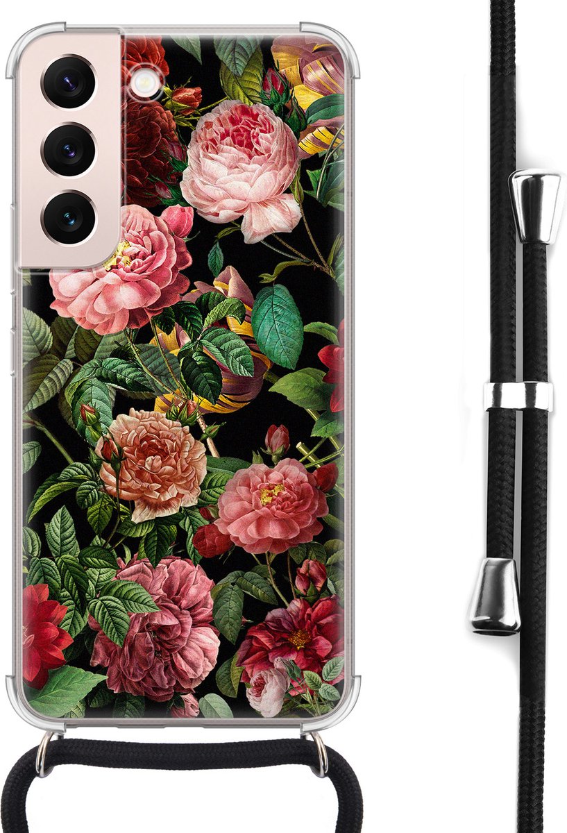 Hoesje met koord - Geschikt voor Samsung Galaxy S22 - Rode bloemen - Verstelbaar zwart koord - Crossbody - Bloemen - Transparant - Leuke Telefoonhoesjes
