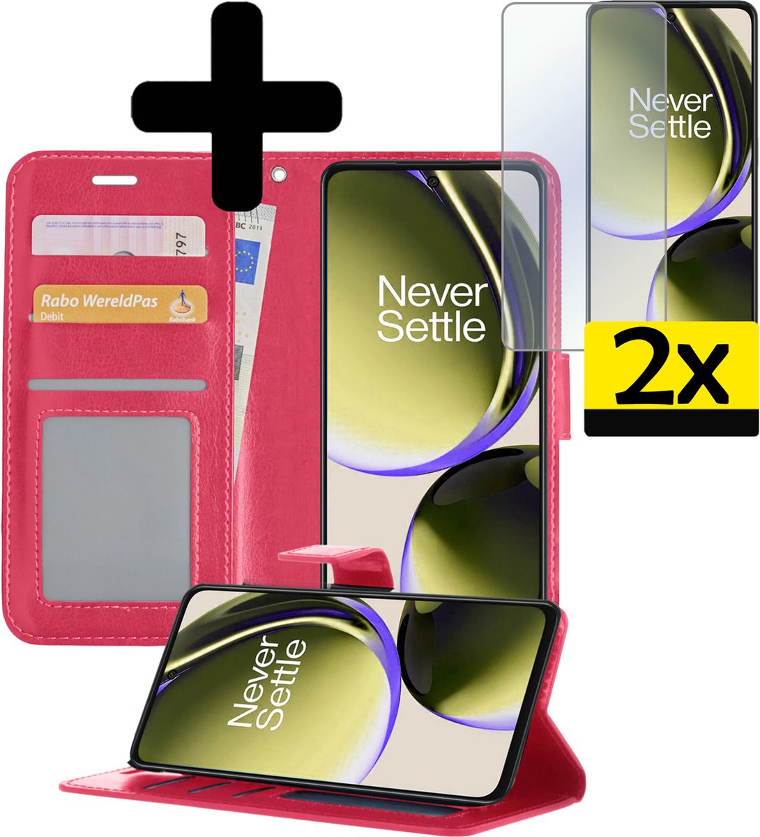Hoesje - Met 2x Screenprotector - Geschikt voor OnePlus Nord CE 3 Lite - Luxe Pasjeshouder - Bookcase Portemonee - Flip Case - Kunstleer Book Case - Flipcase Hoes - Book Cover - Walletcase - Portemonneehoes - Telefoonhoesjes - Donkerroze