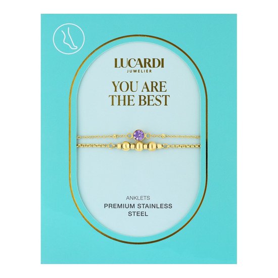 Lucardi Ladies Double bracelet de cheville en acier plaqué or avec pierre - Accessoire - Acier - Doré - 26 cm