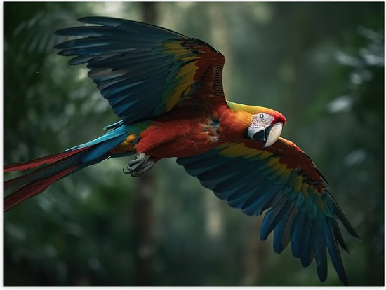 Poster Glanzend – Vliegende ara papegaai in tropisch regenwoud - 80x60 cm Foto op Posterpapier met Glanzende Afwerking