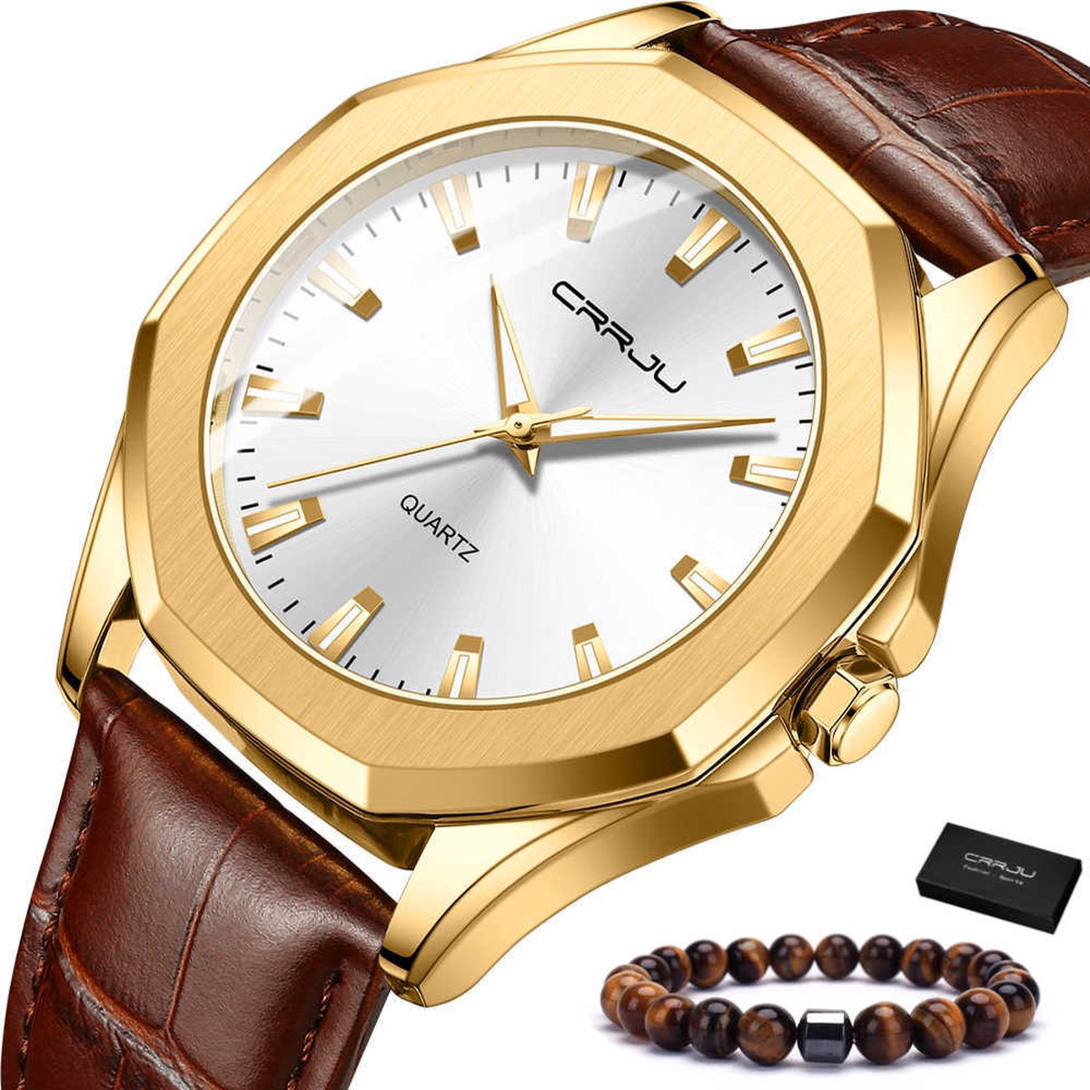 CRRJU® - Horloge Heren - Cadeau voor Man - 42 mm - Bruin Goud