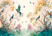 Fotobehang - Vogels - Vlinders - Natuur - Kinderkamer - Dieren - Kleurrijk - (152.5 x 104 cm)
