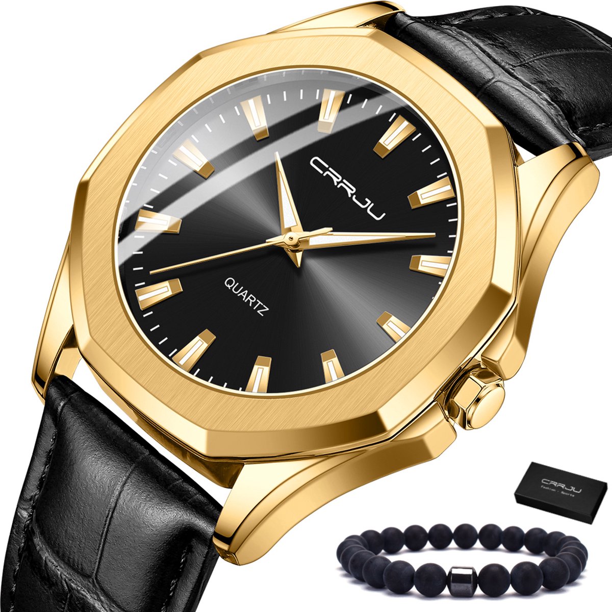 CRRJU® - Horloge Heren - Cadeau voor Man - 42 mm - Zwart Goud