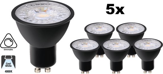 PACK 5 - Spot LED GU10 NOIR 5w, 400 Lumen, Wit Neutre 4000K, Intensité variable, Angle d'éclairage : 60°
